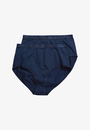 Zwei Paar schlichte marineblaue Baumwollslips mit elastischen Bündchen, flach auf einem weißen Hintergrund ausgelegt.