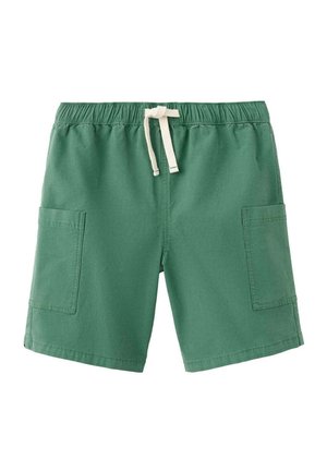 Shorts verts décontractés avec taille élastique, cordon blanc et grandes poches plaquées des deux côtés.