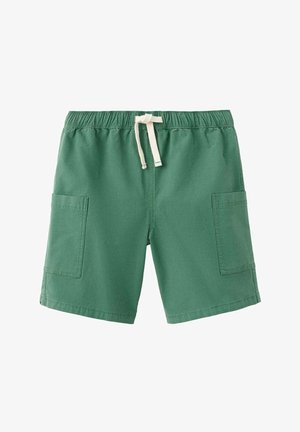 Shorts verts décontractés avec taille élastique, cordon blanc et grandes poches plaquées des deux côtés.