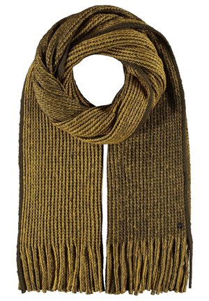 Bufanda tejida en marrón y amarillo mostaza con flecos en los extremos, enrollada en forma circular sobre un fondo blanco.