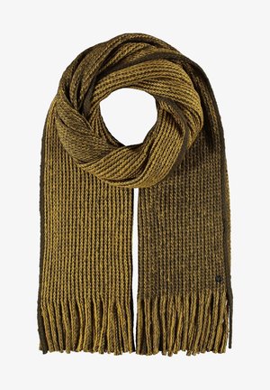 Brun og sennepsgul strikket tørklæde med frynser i enderne, snoet i en cirkulær form på en hvid baggrund.