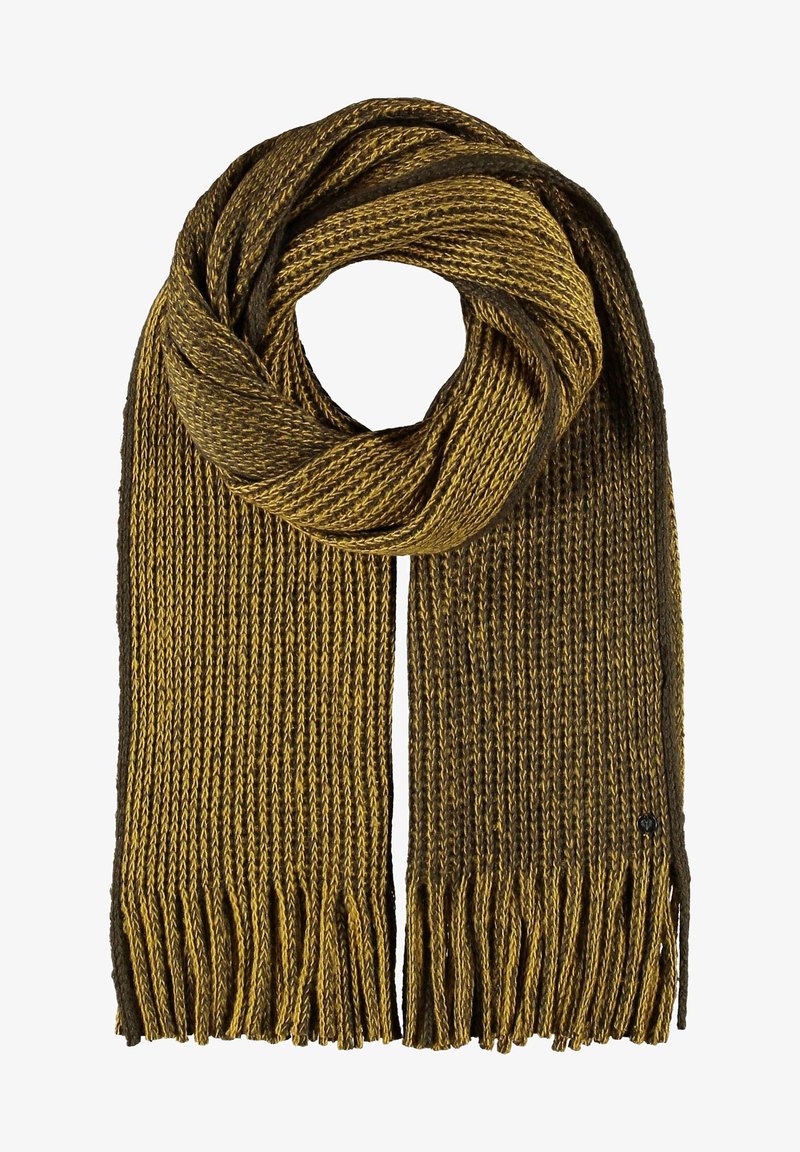 Écharpe tricotée marron et jaune moutarde avec des franges aux extrémités, formant une boucle circulaire sur un fond blanc.