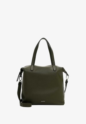 Olivenfarbener Lederhandtasche mit zwei Henkel und einem abnehmbaren Schultergurt. Verfügt über eine strukturierte Oberfläche und dezente Markenkennzeichnung auf der Vorderseite.