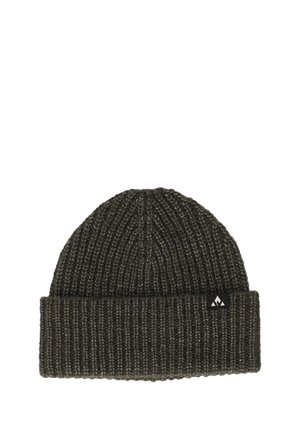 Knit beanie hat in dark gray with a folded cuff. Features a small black logo tag on the side. Ribbed texture throughout.