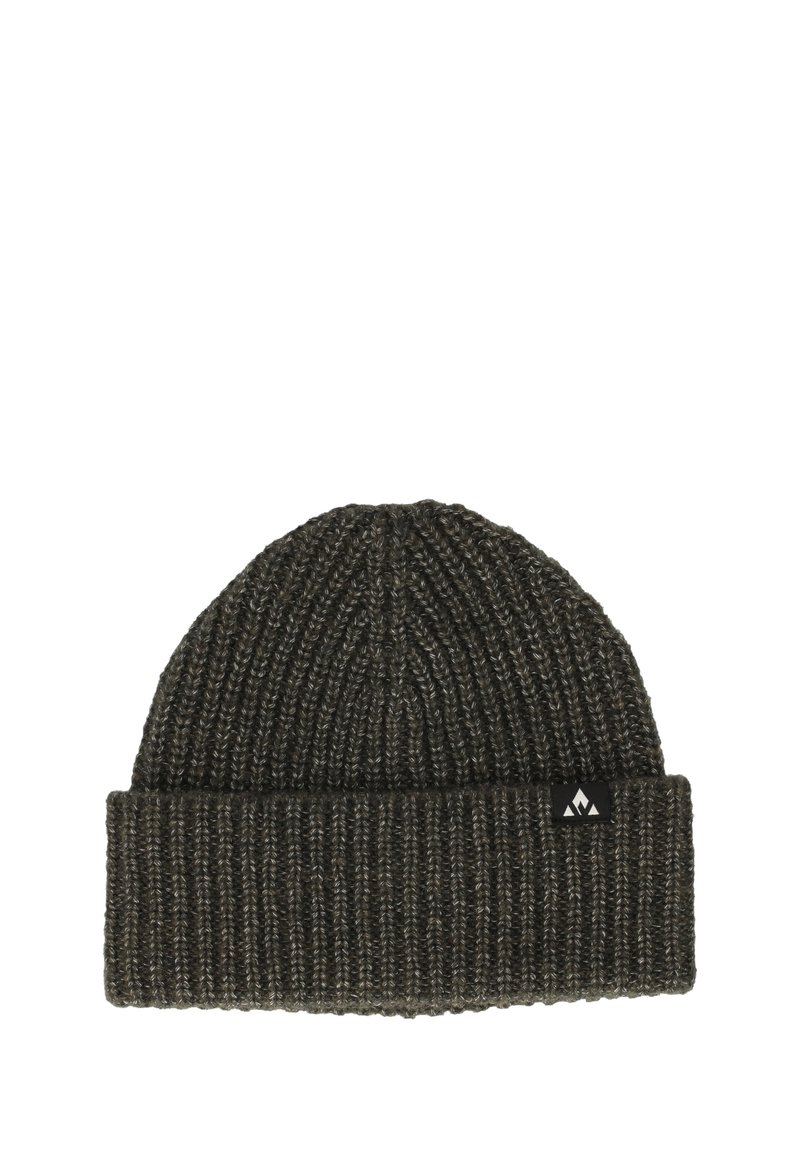 Gebreide beanie muts in donkergrijs met een omgeslagen manchet. Bevat een klein zwart logo-label aan de zijkant. Ribbelstructuur over de hele muts.