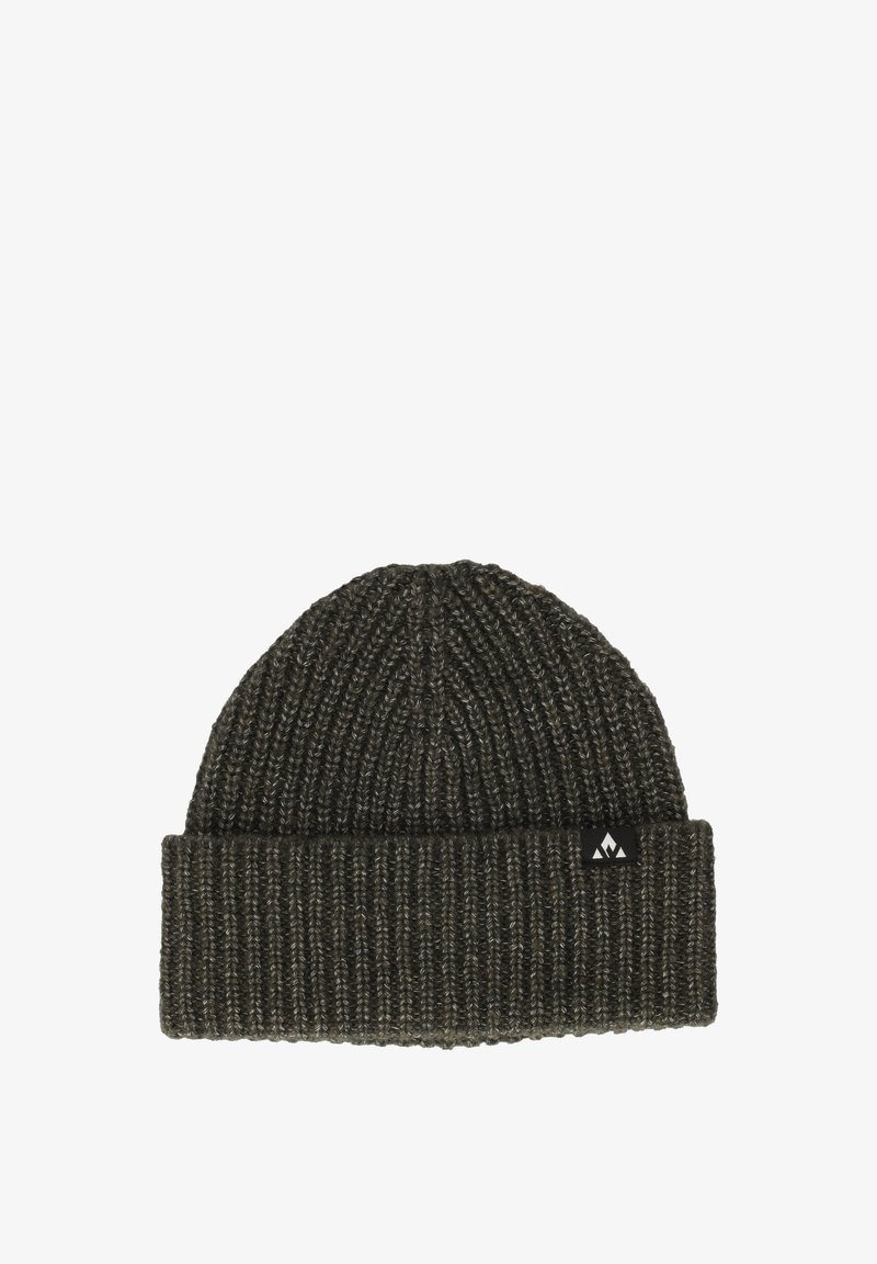 Gebreide beanie muts in donkergrijs met een omgeslagen manchet. Bevat een klein zwart logo-label aan de zijkant. Ribbelstructuur over de hele muts.