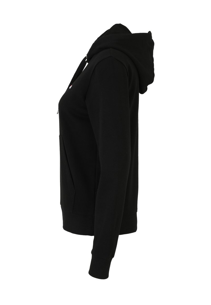 Felpa nera con zip realizzata in tessuto morbido. Presenta una tasca a marsupio, polsini a costine e un cappuccio con cordini. Design semplice e minimalista.