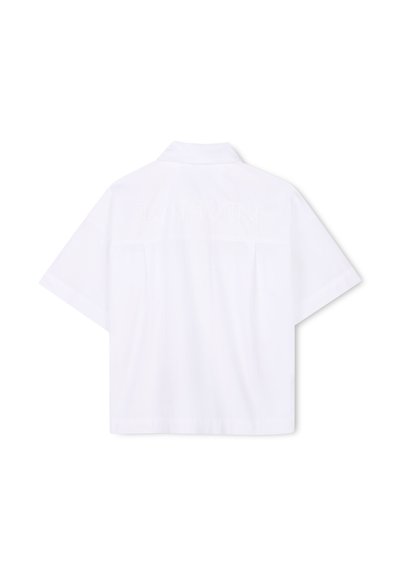 Witte kortekorte shirt met een kraag, achterbalk en subtiele "LANVIN" borduursel. Glad materiaal met een strakke uitstraling.