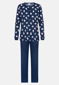 Ensemble de pyjama bleu marine comprenant un haut à manches longues avec un motif de pois colorés et un col boutonné, associé à un bas en bleu marine uni.