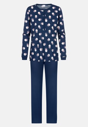 Navy pajama set with long-sleeve top featuring colorful polka dot pattern and buttoned neckline, paired with matching solid navy pants.