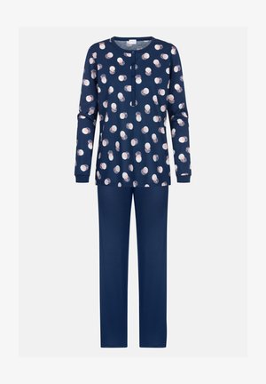 Navy pajama set with long-sleeve top featuring colorful polka dot pattern and buttoned neckline, paired with matching solid navy pants.