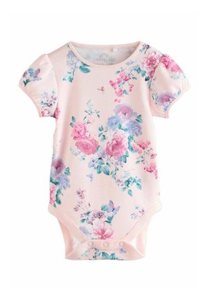 Floral bodysuit in soft pink cotton, featuring short puff sleeves, a colorful flower pattern, and snap closure at the bottom for easy dressing.