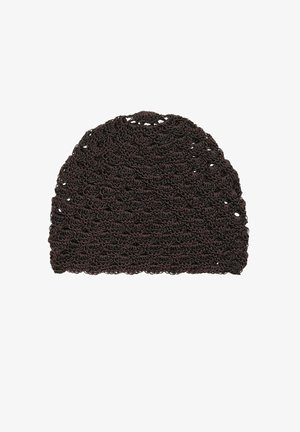 Dark brown crocheted beanie hat with a detailed textured pattern and small open holes throughout the fabric.