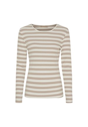 Langærmet top med skiftevis beige og cremefarvede horisontale striber, rund halsudskæring og ribbet struktur. Lavet af blødt stof.