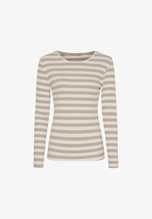 Langærmet top med skiftevis beige og cremefarvede horisontale striber, rund halsudskæring og ribbet struktur. Lavet af blødt stof.