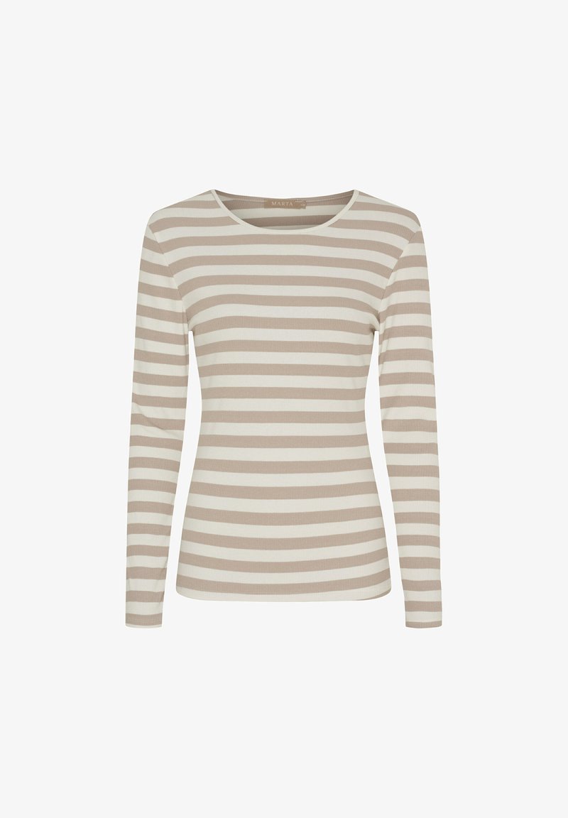 Langærmet top med skiftevis beige og cremefarvede horisontale striber, rund halsudskæring og ribbet struktur. Lavet af blødt stof.