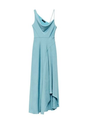 A long, light blue dress made of smooth fabric features a draped neckline, thin straps, and an asymmetric hemline for added movement.