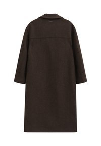 Brauner wollener Mantel mit Kragen, langen Ärmeln und geradem Schnitt. Hat eine glatte Textur und ein minimalistisches Design.