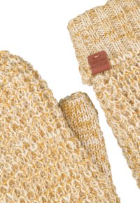 Gebreide wanten in crèmekleurige en gele tinten, met een textuurpatroon. Inclusief een klein bruin leren label met een geperst logo.