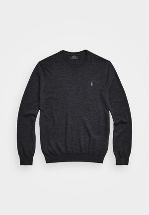 Dunkelgrauer Pullover mit langen Ärmeln und Rundhalsausschnitt, mit gerippten Bündchen und Saum, verziert mit einem kleinen, bestickten Polo Ralph Lauren-Logo auf der linken Brust.