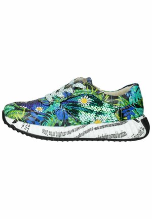 Colorful sneaker featuring a patterned upper with floral designs in blue and green, textured material, and a white sole with printed text.