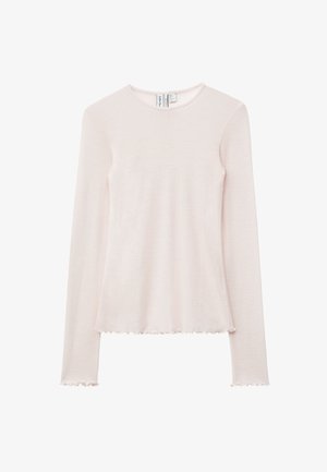 Helles rosa Langarmoberteil aus weichem Stoff, mit Rundhalsausschnitt und gerafftem Saum. Schlichtes Design ohne Muster oder Akzente.