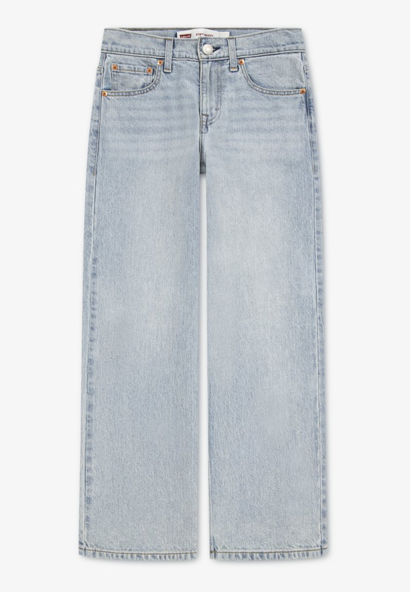 Φαρδιά τζιν παντελόνια από ανοιχτό μπλε τζιν, με ψηλή μέση, πέντε τσέπες και διακριτική ξεθώριαση. Ολοκληρωμένο με χαλκομανίες.