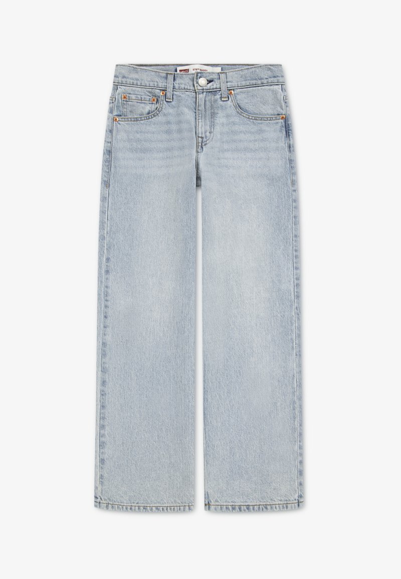 Φαρδιά τζιν παντελόνια από ανοιχτό μπλε τζιν, με ψηλή μέση, πέντε τσέπες και διακριτική ξεθώριαση. Ολοκληρωμένο με χαλκομανίες.