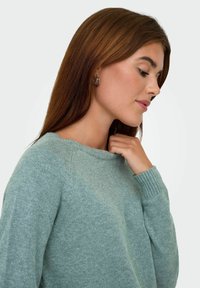 Šviesiai žalia megztinis su apvalia iškirpte ir elastingais rankogaliais. Minkšta tekstūra ir laisvas kirpimas. Modelis švelniai laiko apykaklę.