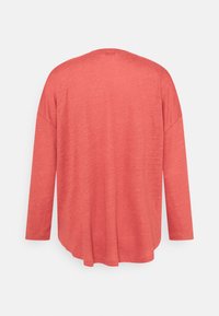 Pitkähihaine paita korallinvärisessä sävylle, valmistettu kevyestä kankaasta, jossa on rento leikkaus. Pyöristetty helma takana, hienovarainen rakenne. Ei grafiikoita tai kuvioita.