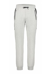 Grå sweatpants lavet af blødt stof, med elastisk talje med snoretræk, sidelommer med sorte accenter og tapered mansjetter.