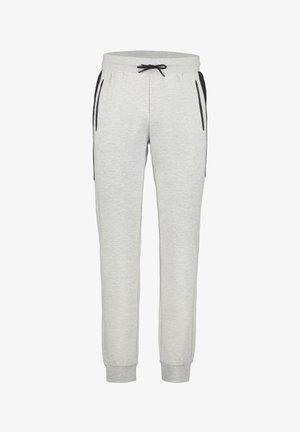Grijze joggingsbroek van zacht materiaal, met een elastische tailleband met trekkoord, zijzakken met zwarte accenten en taps toelopende boorden.