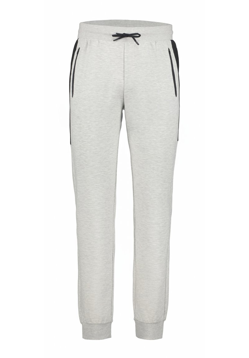 Grå sweatpants lavet af blødt stof, med elastisk talje med snoretræk, sidelommer med sorte accenter og tapered mansjetter.