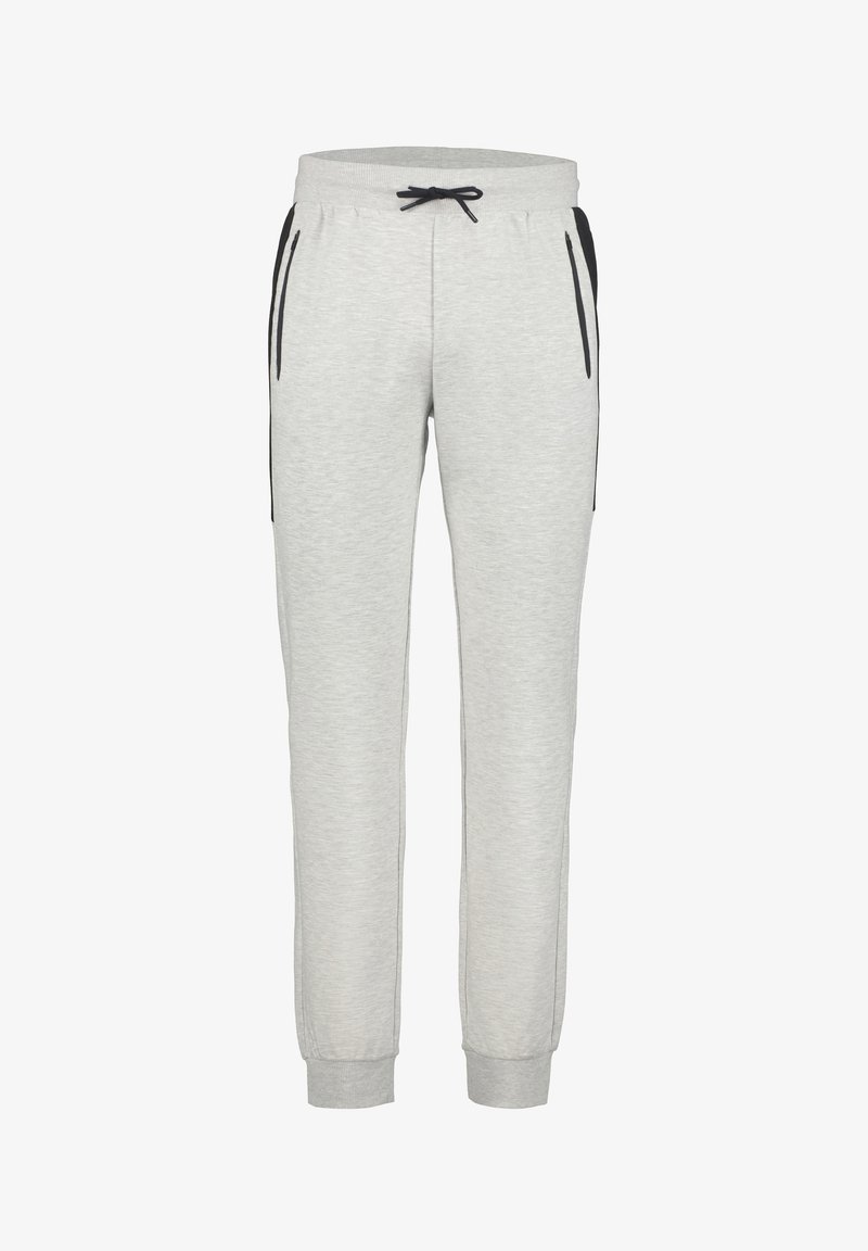 Graue Jogginghosen aus weichem Material, mit elastischem Bund und Kordelzug, Seitentaschen mit schwarzen Akzenten und schmal zulaufenden Bündchen.