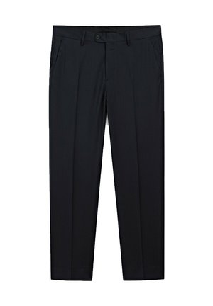 Black, pinstriped trousers with a straight cut, featuring two side pockets, a button closure, and a smooth texture.