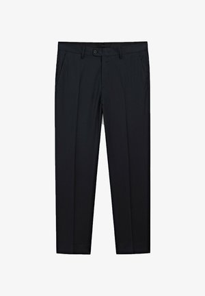 Black, pinstriped trousers with a straight cut, featuring two side pockets, a button closure, and a smooth texture.