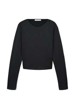 Top corto nero a maniche lunghe in un tessuto morbido ed elastico. Presenta un collo rotondo e un design minimalista senza decorazioni.