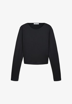 Top corto nero a maniche lunghe in un tessuto morbido ed elastico. Presenta un collo rotondo e un design minimalista senza decorazioni.