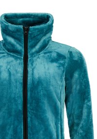 Mėlynas polárinis švarkas su aukšta apykakle ir juodu užtrauktuku per visą ilgį. Minkšta tekstūra su lygiu paviršiumi, turi šonines kišenes.