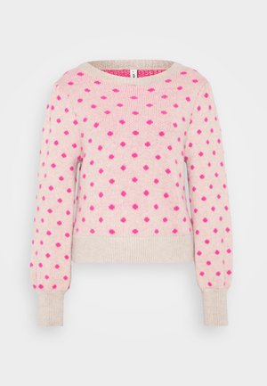 Pink knit sweater with textured fabric, featuring raised fuchsia dots and a wide neckline. Fitted cuffs and a cropped silhouette.