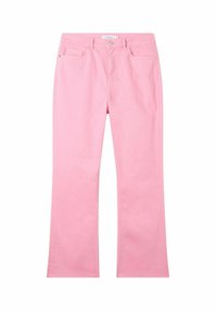 Jean flare rose en denim de coton robuste, avec une fermeture à bouton sur le devant, cinq poches et des coutures contrastantes pour un détail supplémentaire.