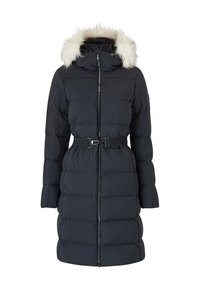 Sort pufferjakke med hætte i pelskant, beltestrop i taljen, lynlåslukning og quiltet design. Lange ærmer og knælang pasform.