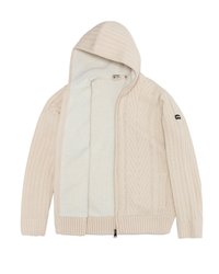 Beiger Kapuzen-Cardigan mit strukturiertem Strickdesign auf einer Seite, weichem Fleecefutter, gerippten Bündchen und Reißverschluss vorne.