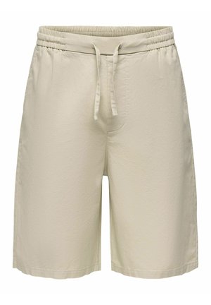 Beige heren casual shorts met elastische tailleband en voorste trekkoord, knielang, gemaakt van lichtgewicht stof.