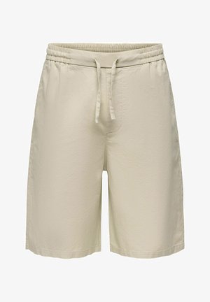 Beige heren casual shorts met elastische tailleband en voorste trekkoord, knielang, gemaakt van lichtgewicht stof.