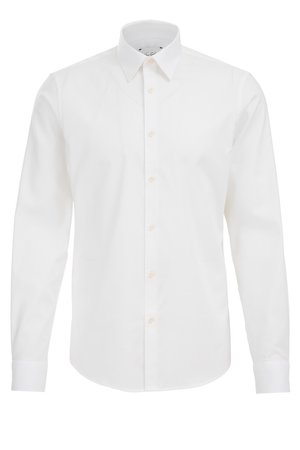 Vit långärmad skjorta i bomull med klassisk krage, med knappslå framtill och rundad nederkant. Enkel, slät textur.