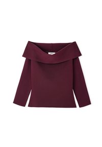 Burgundowa bluzka typu off-the-shoulder z długimi rękawami, wyróżniająca się szerokim, założonym kołnierzem oraz dopasowanym krojem. Wykonana z gładkiego, teksturowanego materiału.