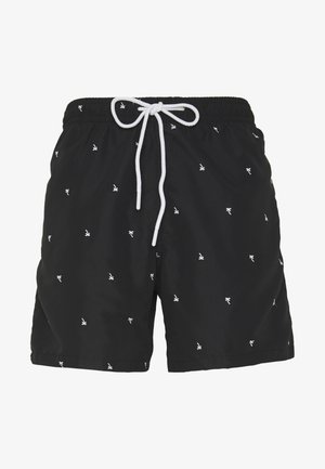 Schwarze Badeshorts aus leichtem Material, mit weißen Palmenmustern und einem weißen Kordelzugbund für eine verstellbare Passform.