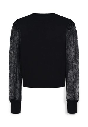 Maglione nero con maniche lunghe in pizzo, scollatura rotonda, polsini a costine e una silhouette aderente. Contrasti di texture tra maglia e pizzo.