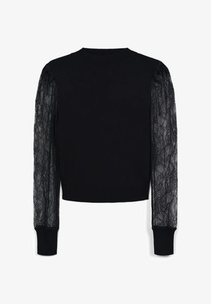 Maglione nero con maniche lunghe in pizzo, scollatura rotonda, polsini a costine e una silhouette aderente. Contrasti di texture tra maglia e pizzo.